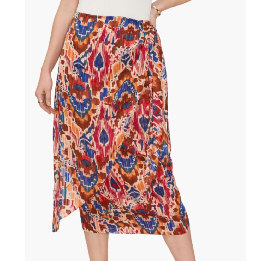 Vince Camuto Wrap Midi Skirt Abstract Ikat Print Tie Waist Size Large